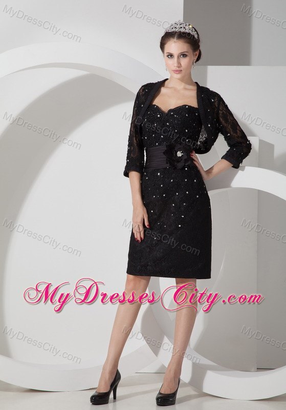 Black Sweetheart Mini-length Rhinestone Decorate Mother Dress with Flower Belt and Jacket