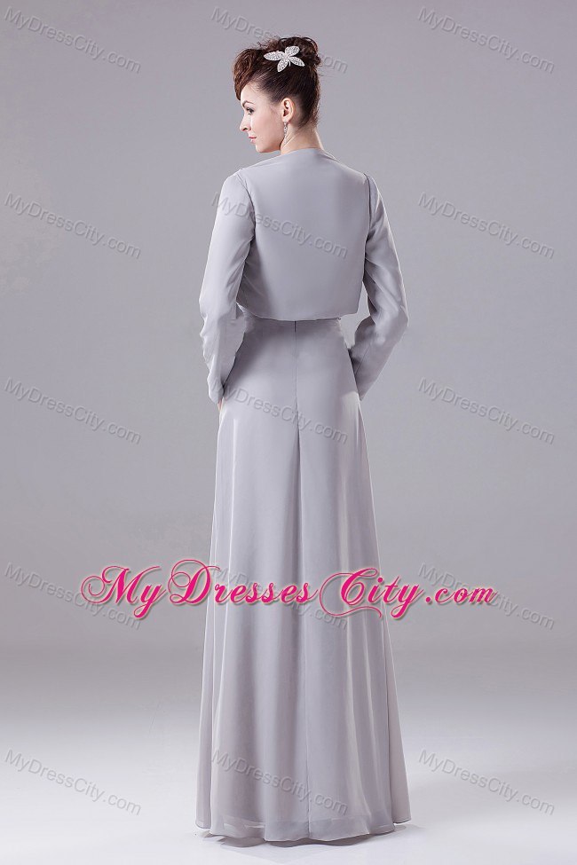 Grey Strapless Beaded Bodice Chiffon Mother Of The Bride Dress with Long Sleeves Jacket