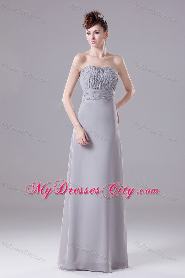 Grey Strapless Beaded Bodice Chiffon Mother Of The Bride Dress with Long Sleeves Jacket