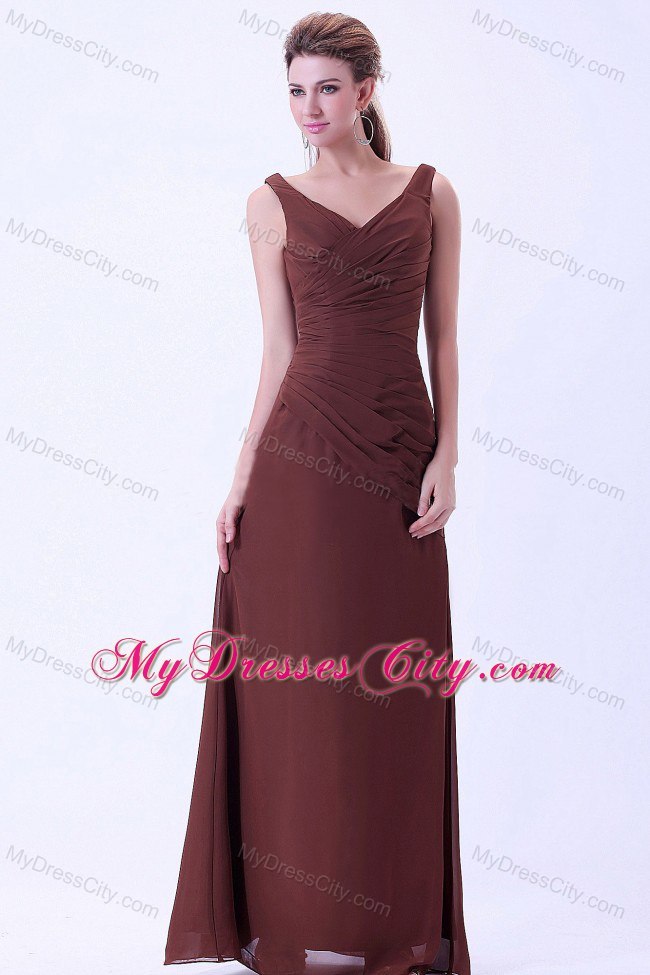Sleeveless Brown V-neck Chiffon Floor-length Wedding Outfits for Brides Mother with Ruche
