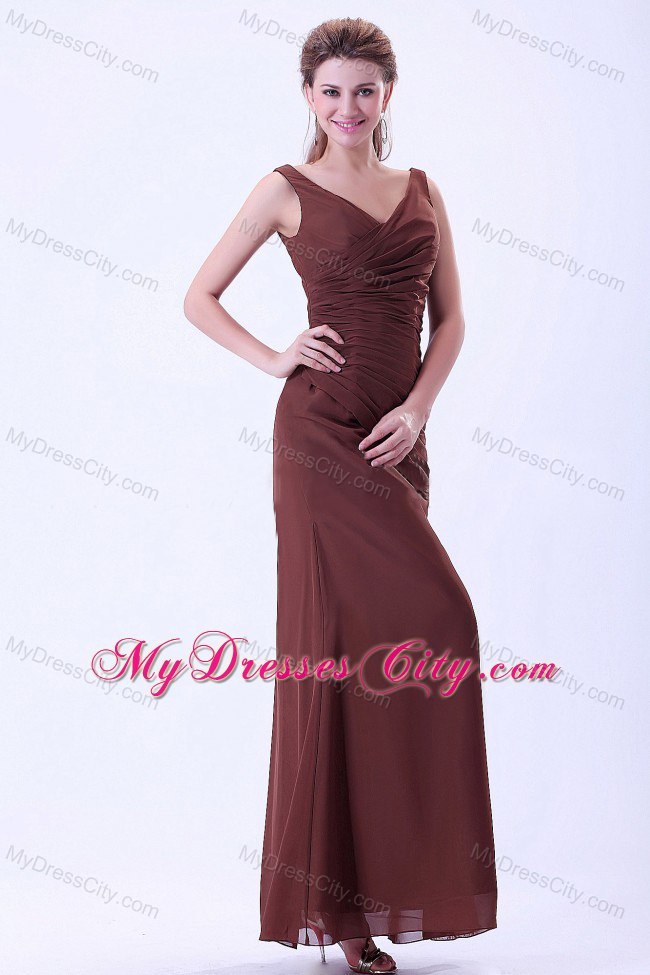 Sleeveless Brown V-neck Chiffon Floor-length Wedding Outfits for Brides Mother with Ruche