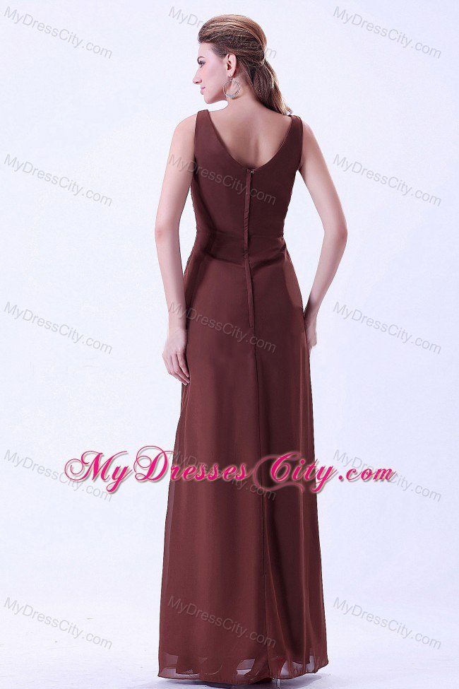Sleeveless Brown V-neck Chiffon Floor-length Wedding Outfits for Brides Mother with Ruche