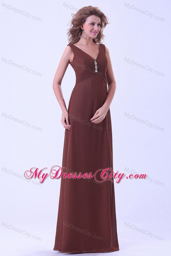 Brown Floor-length Empire Chiffon Mother Of The Bride Dress with V-neck and Rhinestones