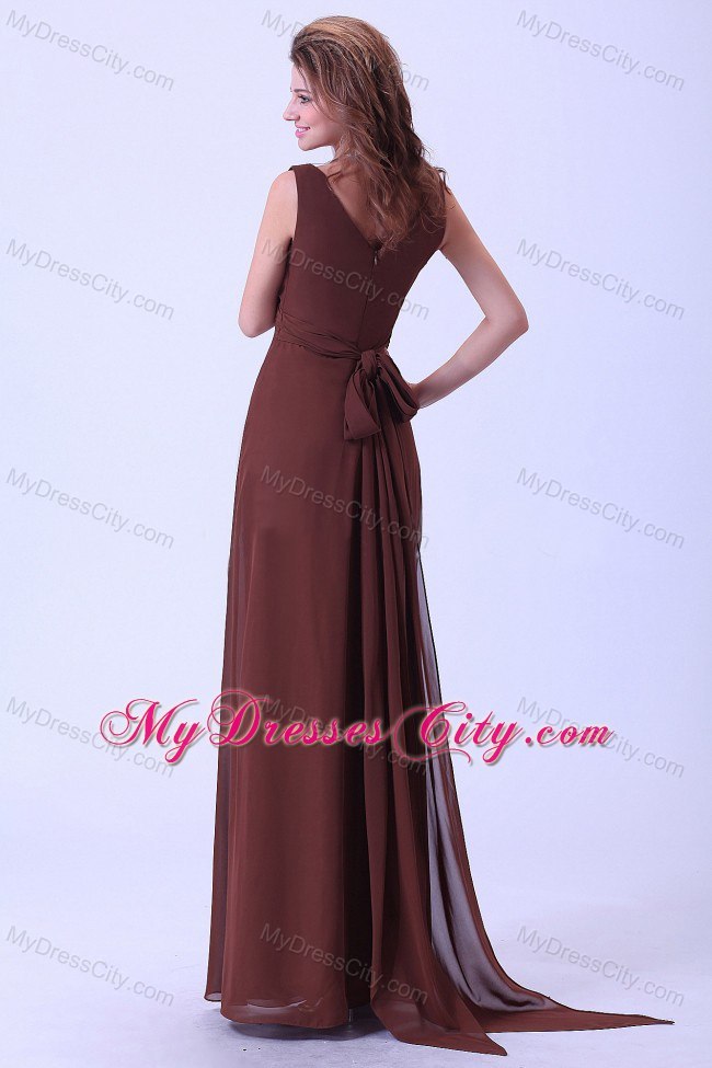 Brown Floor-length Empire Chiffon Mother Of The Bride Dress with V-neck and Rhinestones