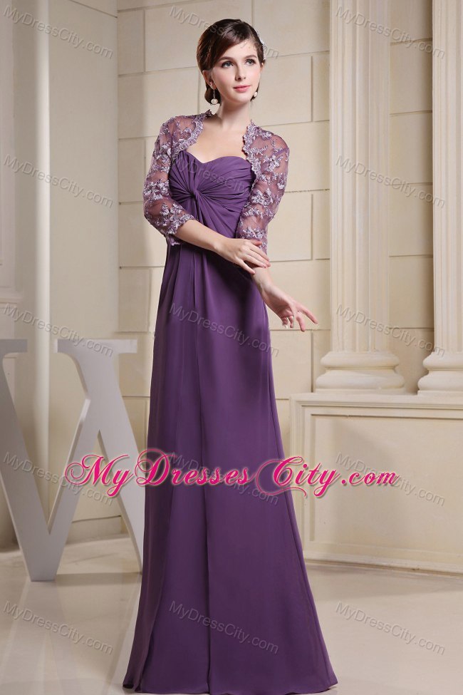 Simple Purple Floor-length Ruching Chiffon Mother Of The Bride Dress with Lace Jacket