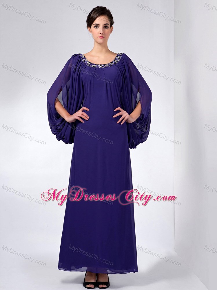 Purple Column Scoop Ankle-length Beaded Mother Of The Bride Dress with Big Fan Sleeves