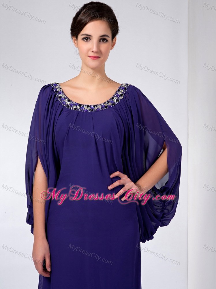 Purple Column Scoop Ankle-length Beaded Mother Of The Bride Dress with Big Fan Sleeves