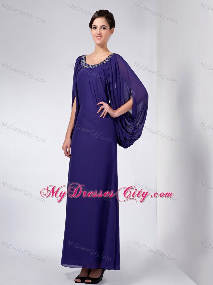 Purple Column Scoop Ankle-length Beaded Mother Of The Bride Dress with Big Fan Sleeves