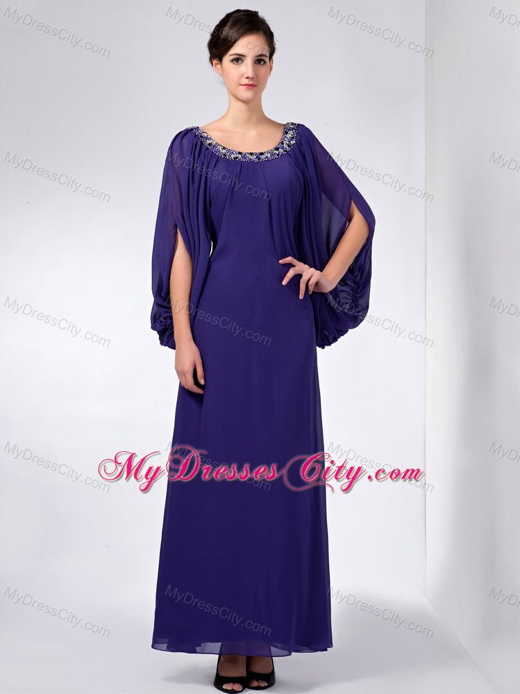 Purple Column Scoop Ankle-length Beaded Mother Of The Bride Dress with Big Fan Sleeves