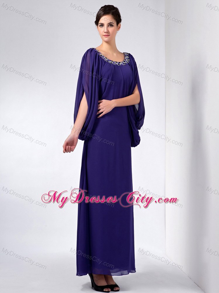 Purple Column Scoop Ankle-length Beaded Mother Of The Bride Dress with Big Fan Sleeves