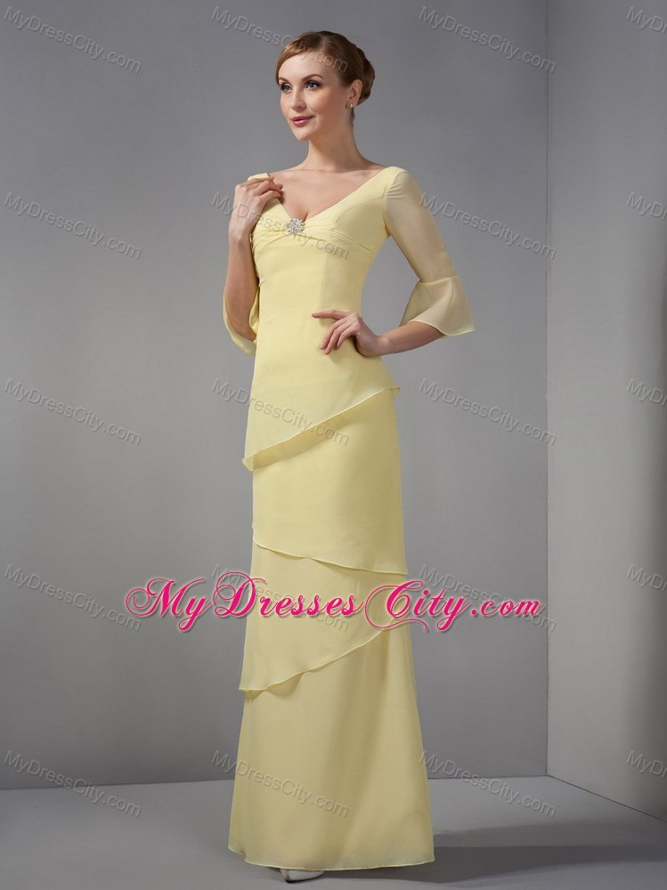 Yellow Column V-neck Ankle-length Half Sleeves Mothers Dresses with Layers and Rhinestones