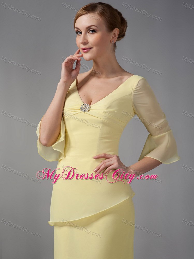Yellow Column V-neck Ankle-length Half Sleeves Mothers Dresses with Layers and Rhinestones