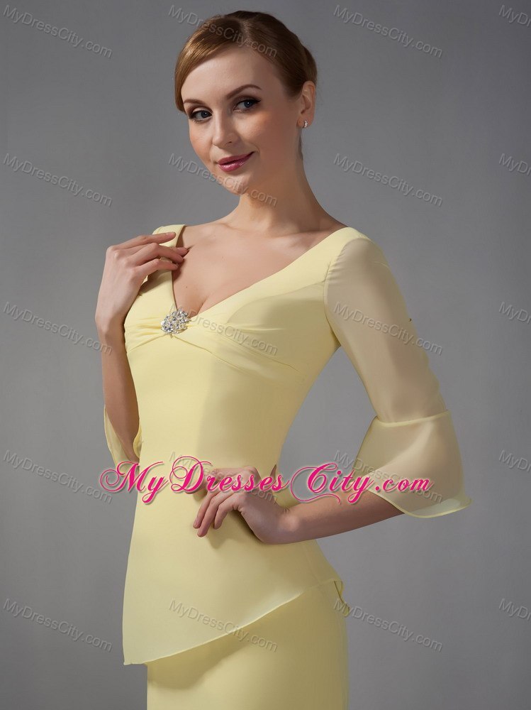 Yellow Column V-neck Ankle-length Half Sleeves Mothers Dresses with Layers and Rhinestones
