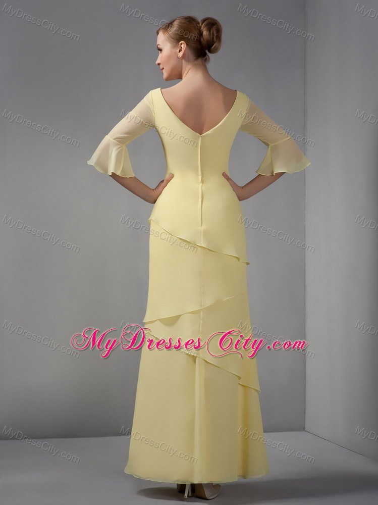 Yellow Column V-neck Ankle-length Half Sleeves Mothers Dresses with Layers and Rhinestones