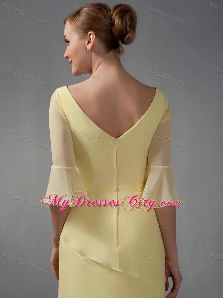 Yellow Column V-neck Ankle-length Half Sleeves Mothers Dresses with Layers and Rhinestones