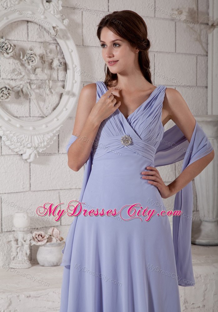 Lilac Empire V-neck Tea-length Chiffon Ruche and Beading Decorate Mother Dress with Shawl