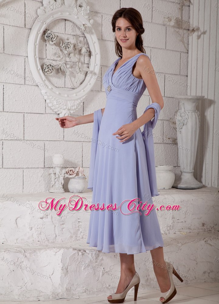 Lilac Empire V-neck Tea-length Chiffon Ruche and Beading Decorate Mother Dress with Shawl