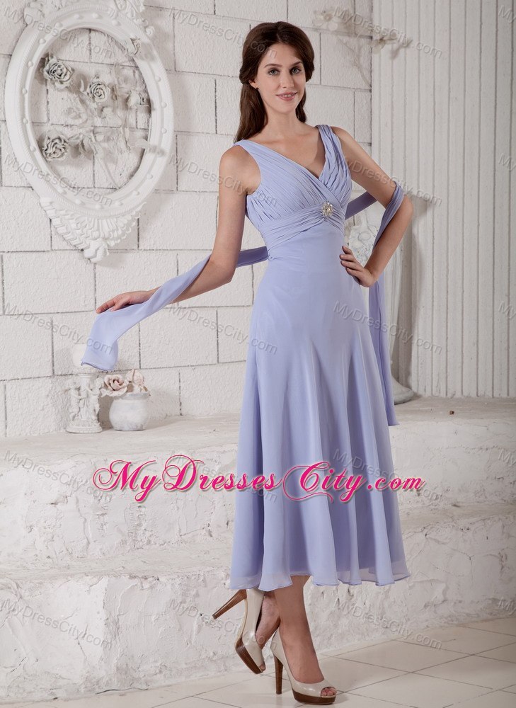 Lilac Empire V-neck Tea-length Chiffon Ruche and Beading Decorate Mother Dress with Shawl