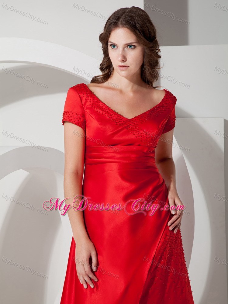 Red Column Sheath Scoop Taffeta Floor-length Mother of the Bride Dress with Short Sleeves