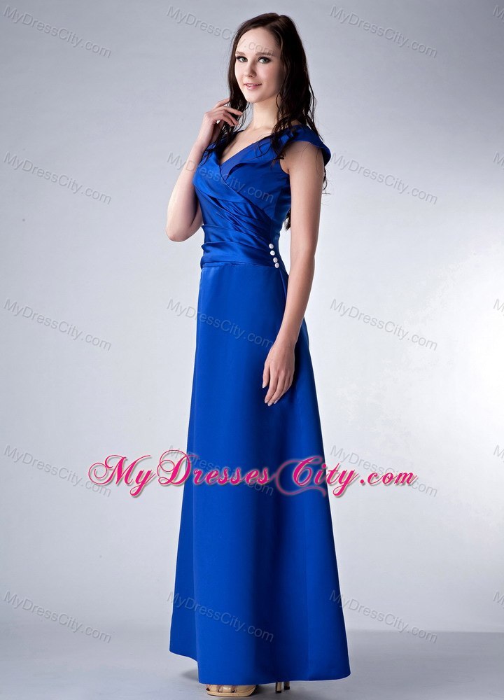 Royal Blue Column V-neck Ankle-length Satin Ruched Bodice Mother Of The Bride Dress