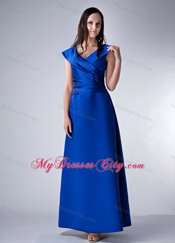 Royal Blue Column V-neck Ankle-length Satin Ruched Bodice Mother Of The Bride Dress