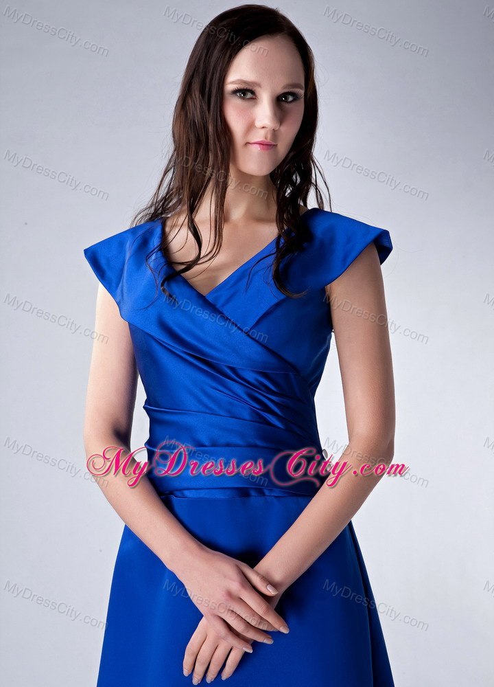 Royal Blue Column V-neck Ankle-length Satin Ruched Bodice Mother Of The Bride Dress