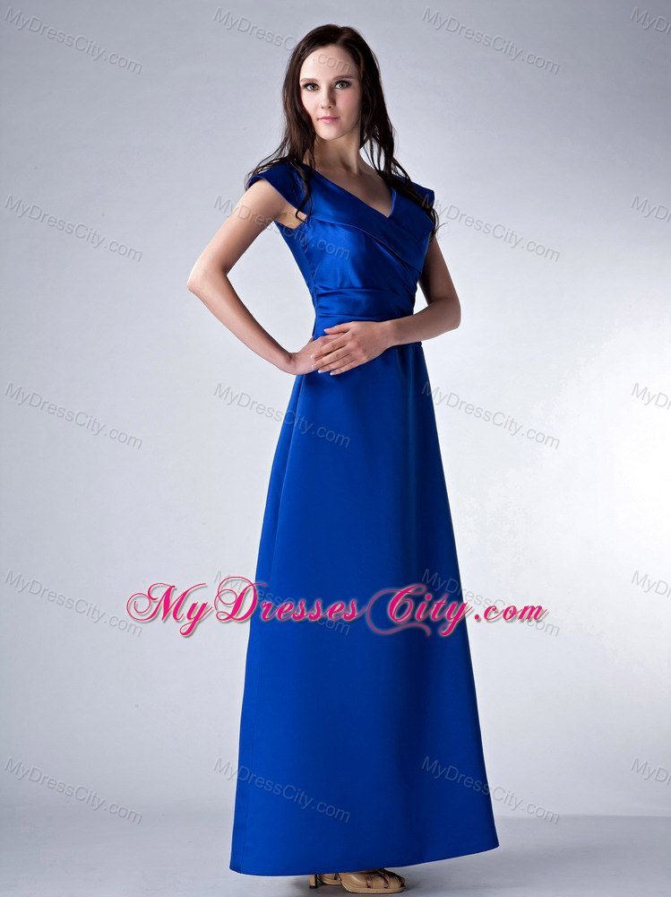 Royal Blue Column V-neck Ankle-length Satin Ruched Bodice Mother Of The Bride Dress
