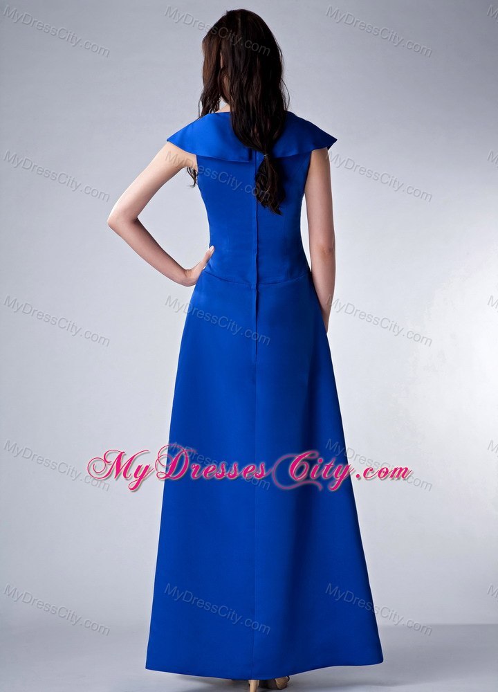 Royal Blue Column V-neck Ankle-length Satin Ruched Bodice Mother Of The Bride Dress
