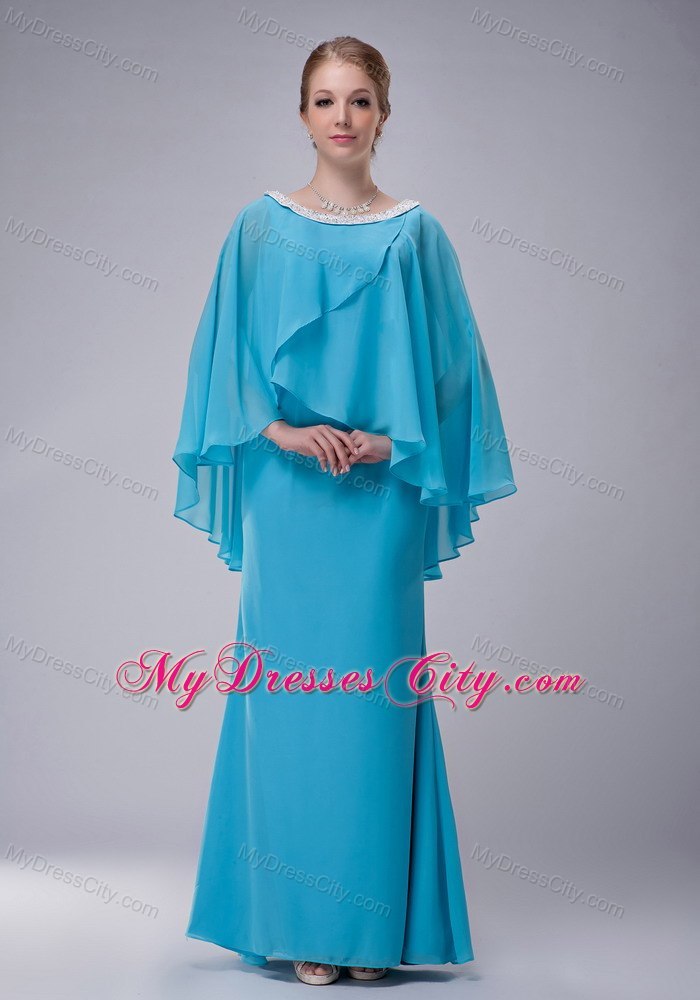 Aqua Blue Column Scoop Butterfly Sleeves Mother Of The Bride Dress with