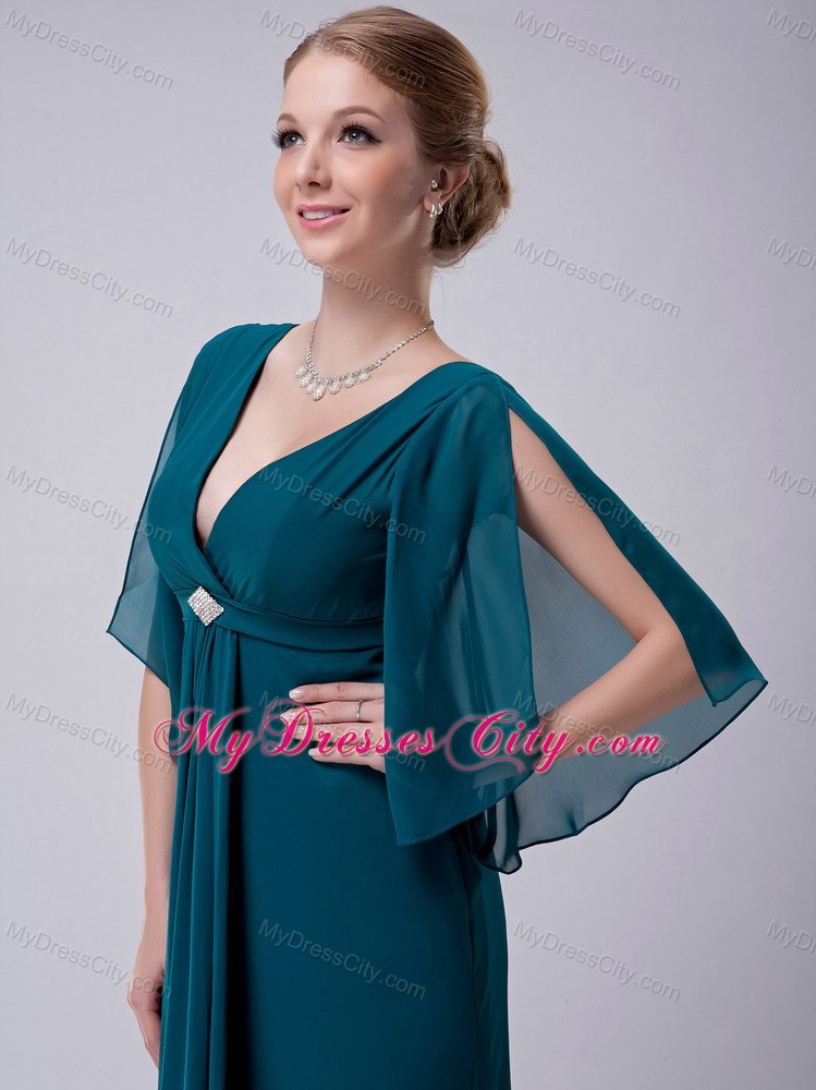 Turquoise Empire V-neck Floor-length Beading Decorate Mother Dress with Butterfly Sleeves