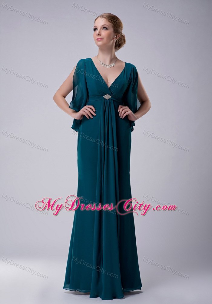 Turquoise Empire V-neck Floor-length Beading Decorate Mother Dress with Butterfly Sleeves