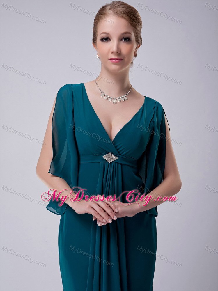 Turquoise Empire V-neck Floor-length Beading Decorate Mother Dress with Butterfly Sleeves
