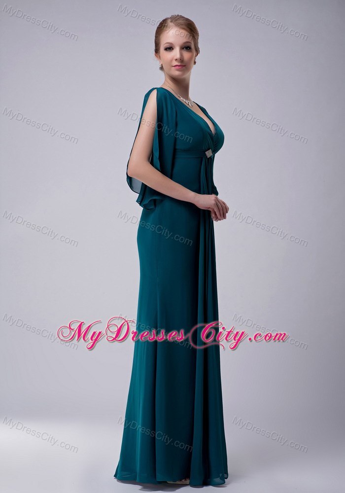 Turquoise Empire V-neck Floor-length Beading Decorate Mother Dress with Butterfly Sleeves