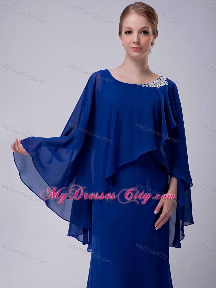 Blue Column Scoop Floor-length Chiffon Appliques Mothers Dresses with Butterfly Sleeves