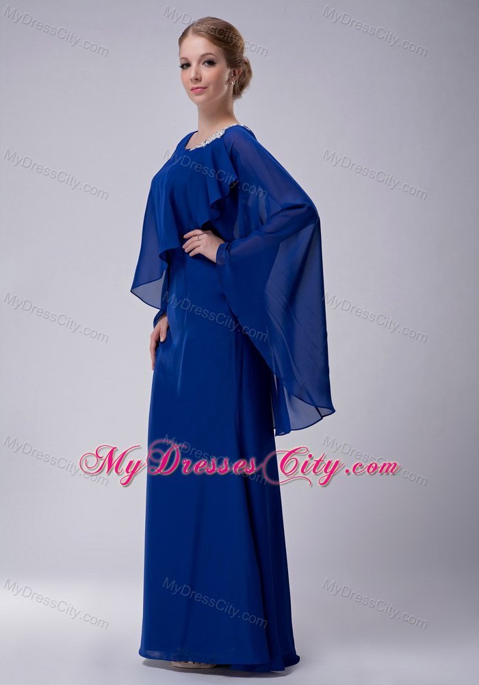 Blue Column Scoop Floor-length Chiffon Appliques Mothers Dresses with Butterfly Sleeves