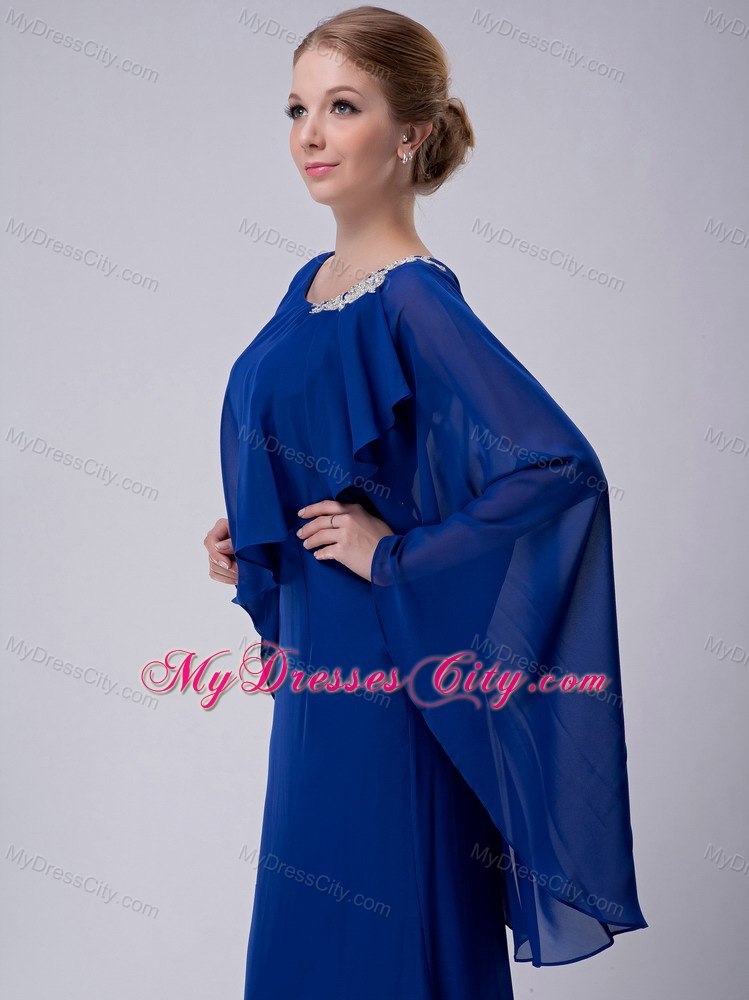 Blue Column Scoop Floor-length Chiffon Appliques Mothers Dresses with Butterfly Sleeves