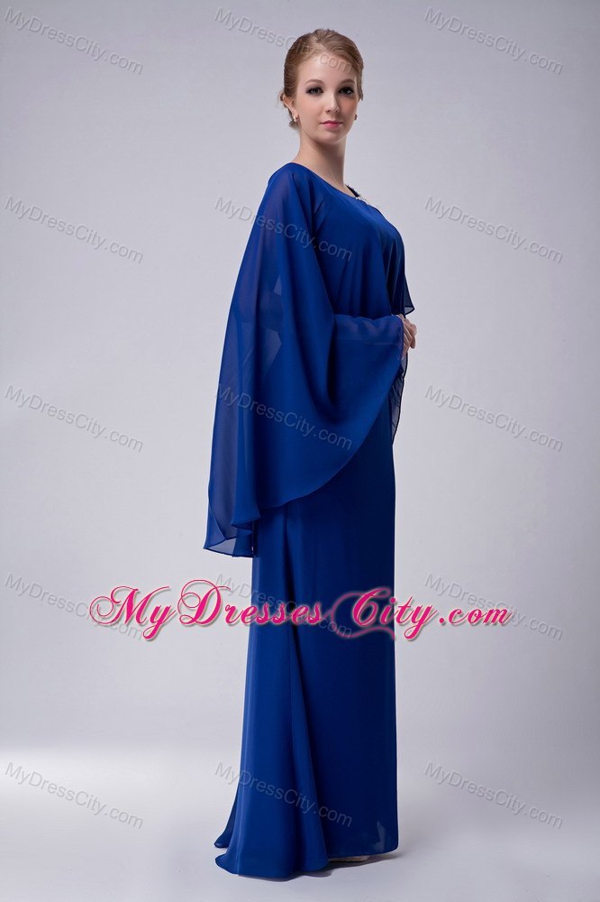Blue Column Scoop Floor-length Chiffon Appliques Mothers Dresses with Butterfly Sleeves