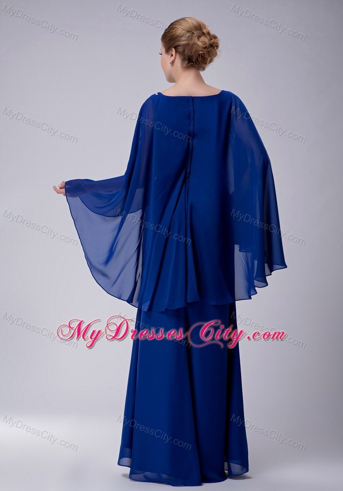Blue Column Scoop Floor-length Chiffon Appliques Mothers Dresses with Butterfly Sleeves