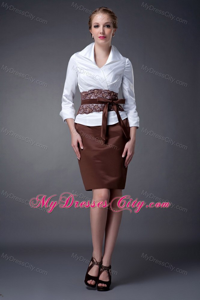 White and Brown Column V-neck Mini-length Taffeta Mother Dresses with Floral Sash