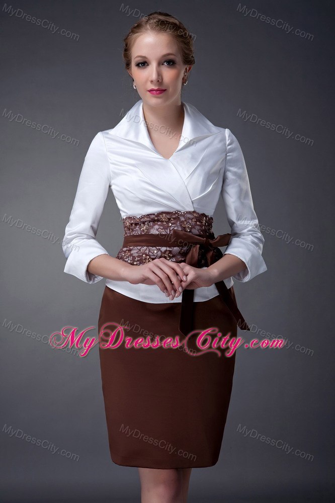 White and Brown Column V-neck Mini-length Taffeta Mother Dresses with Floral Sash