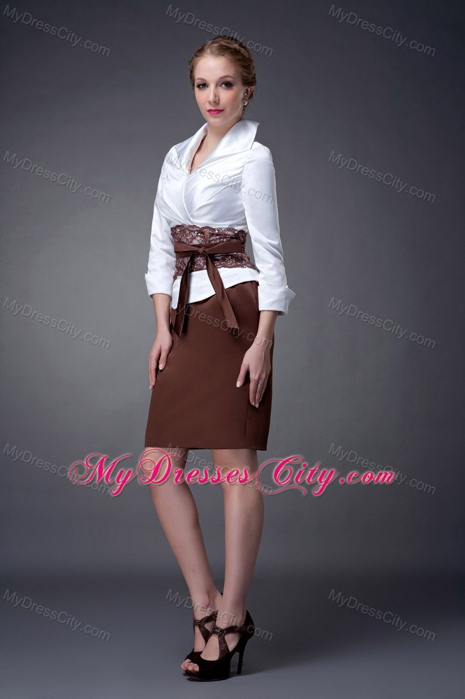 White and Brown Column V-neck Mini-length Taffeta Mother Dresses with Floral Sash