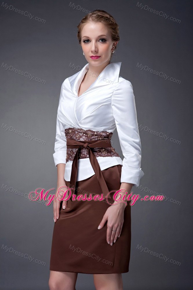 White and Brown Column V-neck Mini-length Taffeta Mother Dresses with Floral Sash