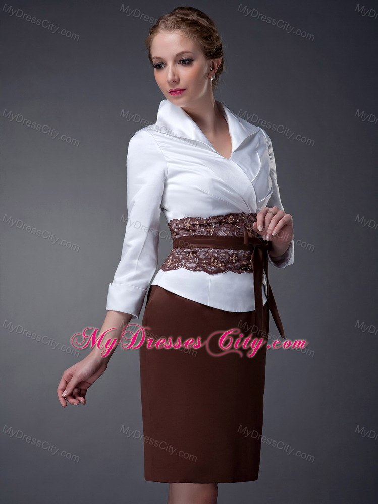 White and Brown Column V-neck Mini-length Taffeta Mother Dresses with Floral Sash