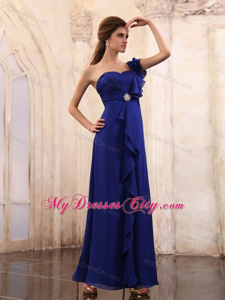 Royal Blue Ankle-length Ruching Chiffon Mothers Dress with One Shoulder and Rhinestone