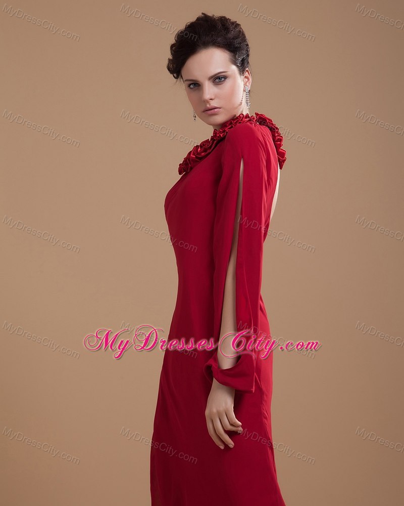 Floor-length Wine Red Hand Made Flowers Decorate Bodice Mother Dress with One Long Sleeve