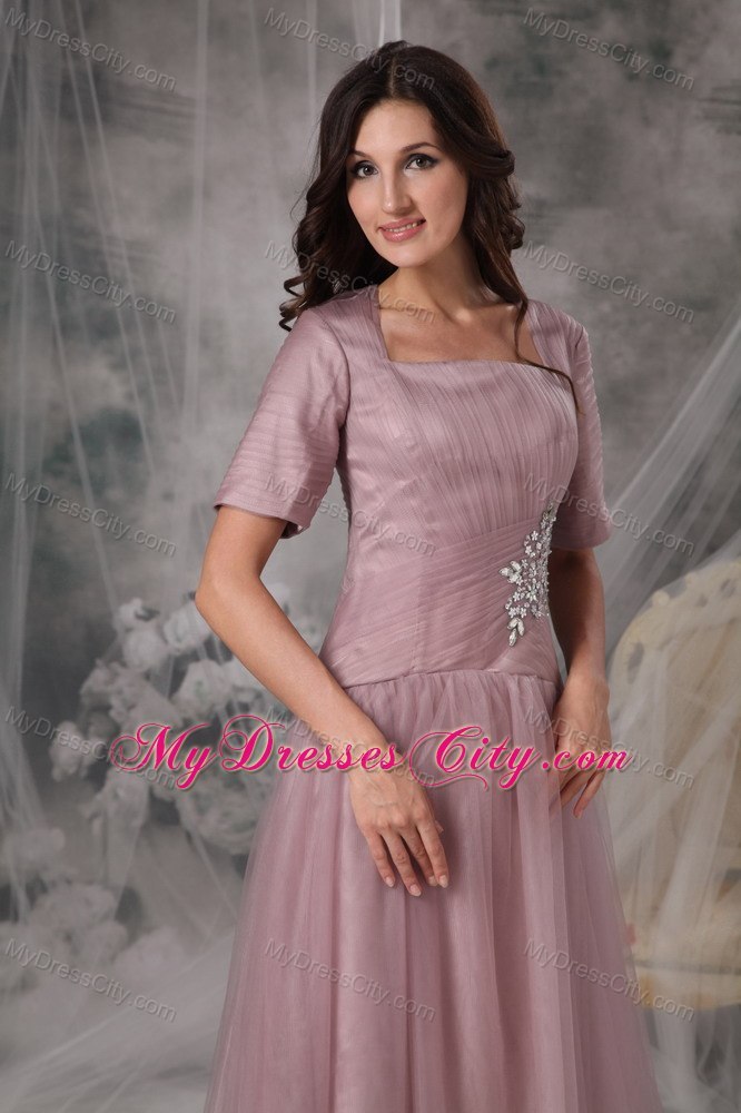 Pink Brush Train Half Sleeves Square Neck Mothers Dresses with Appliques and Ruche
