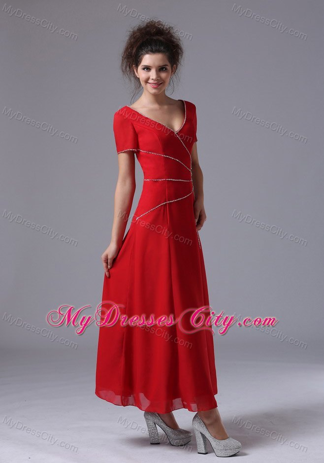 Red Beaded Chiffon V-neck Short Sleeves Ankle-length Mother Dress