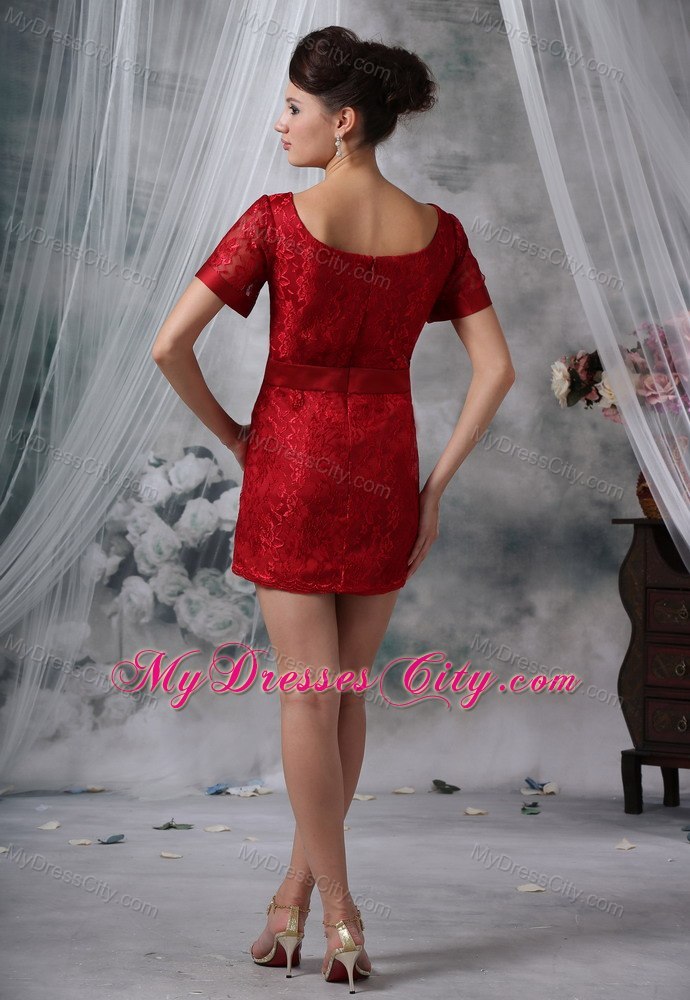Mini Wine Red Lace Mother Dress of Scoop and Short Sleeves