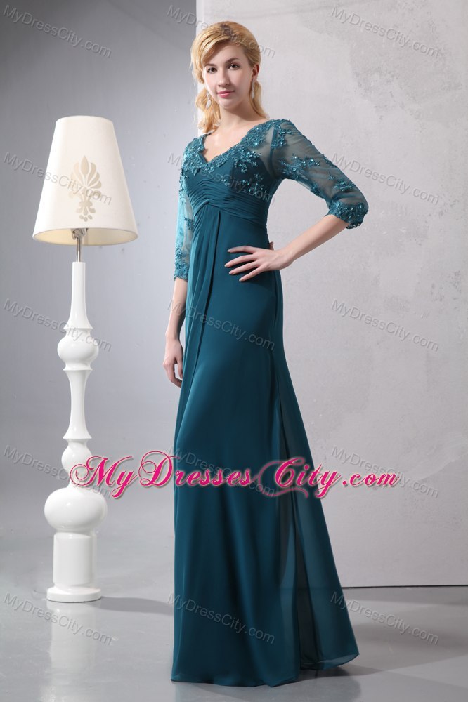 Beaded Lace Bodice Long Turquoise Mother of the Bride Dress