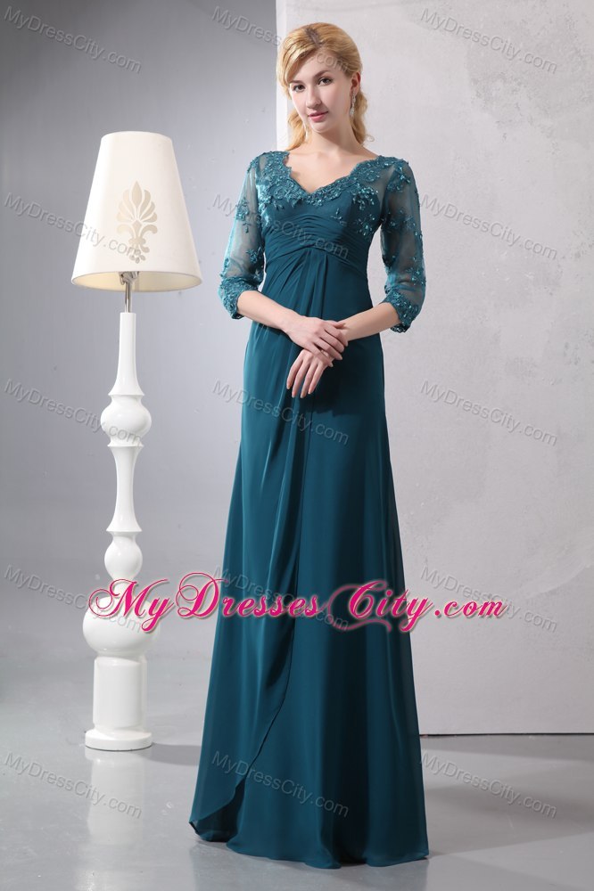 Beaded Lace Bodice Long Turquoise Mother of the Bride Dress